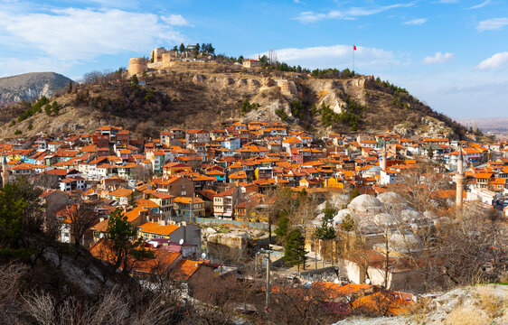 View of the ancient Turkish city of Kutahya with the Ottoman fortress towering over it...
