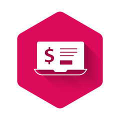White Laptop with dollar icon isolated with long shadow background. Sending money around the world, money transfer, online banking, financial transaction. Pink hexagon button. Vector