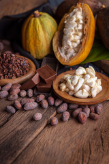 cocoa pods, beans and powder on wooden table, top view