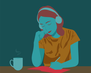 Young beautiful student girl listening to online courses in headphones at home, online studying concept