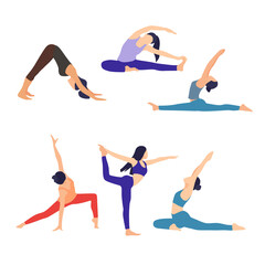 Girls do yoga. Vector illustration in cartoon style. Sport.