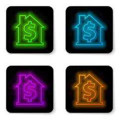 Glowing neon line House with dollar symbol icon isolated on white background. Home and money. Real estate concept. Black square button. Vector