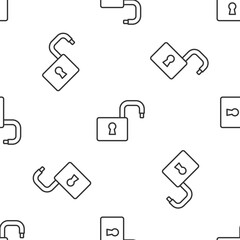 Grey line Open padlock icon isolated seamless pattern on white background. Opened lock sign. Cyber security concept. Digital data protection. Vector