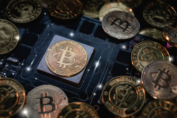cryptocurrency concept with Golden coins with bitcoin symbol
