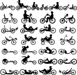 Hand bike and recumbent bicycle vector silhouette with and without cyclist rider - obrazy, fototapety, plakaty