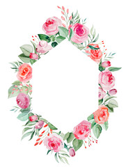 Watercolor pink and red roses flowers and leaves frame illustration