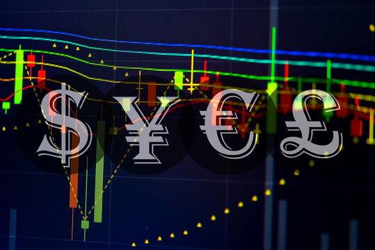 Forex market background, trading on the currency market Forex. Currency exchange rate for world currency: US Dollar, Euro, Frank, Yen. Financial, money, global finance, stock market background.