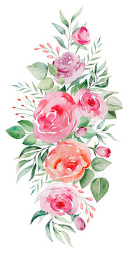 Watercolor pink and red roses flowers and leaves bouquet illustration