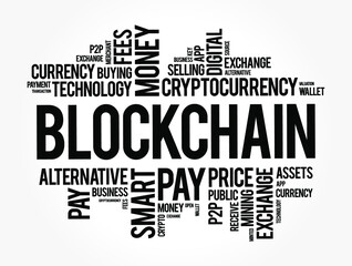 Blockchain cryptocurrency coin word cloud collage, business concept background
