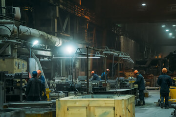 Steel Factory with workers in process of work, industrial interior, large hangar with iron...
