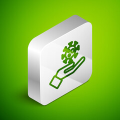 Isometric line Hand with virus icon isolated on green background. Corona virus 2019-nCoV. Bacteria and germs, cell cancer, microbe, fungi. Silver square button. Vector.