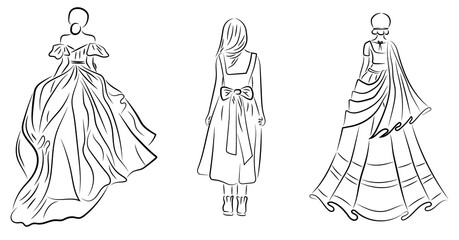 Fototapeta na wymiar Frauen mit Kleid von Hinten Women Dress Kontur Zeichnungen Vektor Grafik Lineart