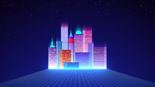 Retrowave style animation of neon city. Glowing Stars, Neon lights and bright colors Synthwave retro background. Looped animated live wallpaper. Futuristic night city, cityscape, skyscrapers, grid