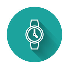 White line Wrist watch icon isolated with long shadow. Wristwatch icon. Green circle button. Vector