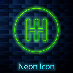 Glowing neon line Gear shifter icon isolated on brick wall background. Transmission icon. Vector