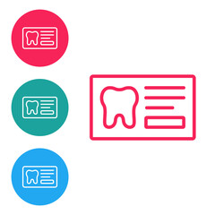 Red line Clipboard with dental card or patient medical records icon isolated on white background. Dental insurance. Dental clinic report. Set icons in circle buttons. Vector