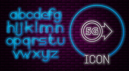 Glowing neon line 5G new wireless internet wifi connection icon isolated on brick wall background. Global network high speed connection data rate technology. Neon light alphabet. Vector