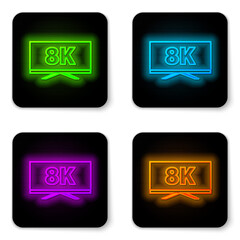 Glowing neon line Screen tv with 8k Ultra HD video technology icon isolated on white background. Black square button. Vector