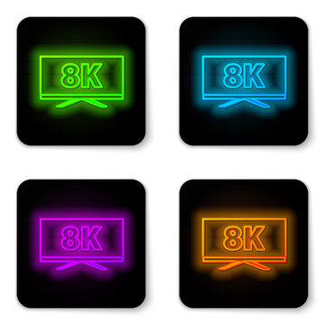 Glowing neon line Screen tv with 8k Ultra HD video technology icon isolated on white background. Black square button. Vector