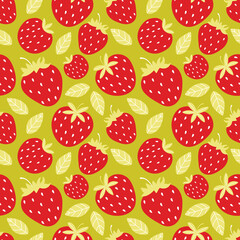 Seamless pattern of juicy red strawberries on a green background. Whole and half sweet berries. Summer colorful background. Hand drawn vector in Scandinavian style. Texture design for kids textiles.