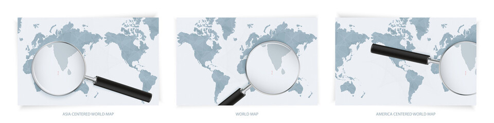 Blue Abstract World Maps with magnifying glass on map of Maldives with the national flag of Maldives. Three version of World Map.