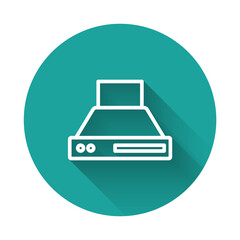 White line Kitchen extractor fan icon isolated with long shadow. Cooker hood. Kitchen exhaust. Household appliance. Green circle button. Vector