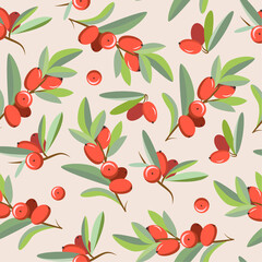 Botanical seamless pattern with sea buckthorn leaves and berries. For printing on fabric or paper.