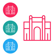 Red line India Gate in New Delhi, India icon isolated on white background. Gate way of India Mumbai. Set icons in circle buttons. Vector