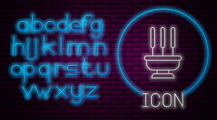 Glowing neon line Burning aromatic incense sticks icon isolated on brick wall background. Neon light alphabet. Vector
