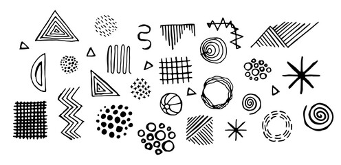 black doodles isolated on a white background. Handwriting in the margins and geometric shapes on a white background - obrazy, fototapety, plakaty