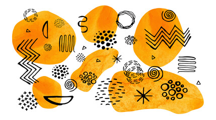 black geometric scribbles on a background of bright watercolor orange spots. Doodles and a watercolor sun drawn by hand. 