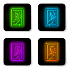 Glowing neon line Portrait picture in museum icon isolated on white background. Black square button. Vector