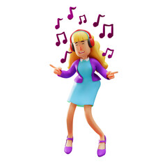 Business Woman Cartoon Illustration Listening to the Music from Headphone