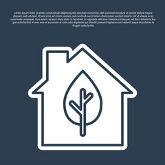 Blue line Eco friendly house icon isolated on blue background. Eco house with leaf. Vector