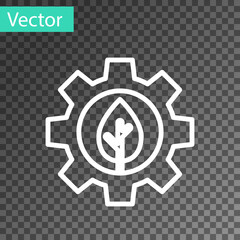 White line Leaf plant ecology in gear machine icon isolated on transparent background. Eco friendly technology. World Environment day label. Vector