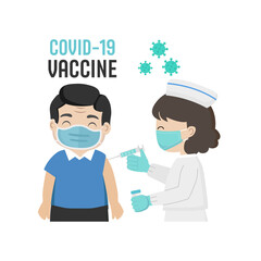 Coronavirus vaccination concept. Nurse gives vaccine shot to shoulder of man in hospital.