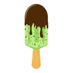 vector illustration of mint green ice cream in chocolate with chocolate pieces inside on a wooden stick