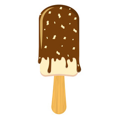 vector illustration of chocolate-covered ice cream with nuts on a wooden stick