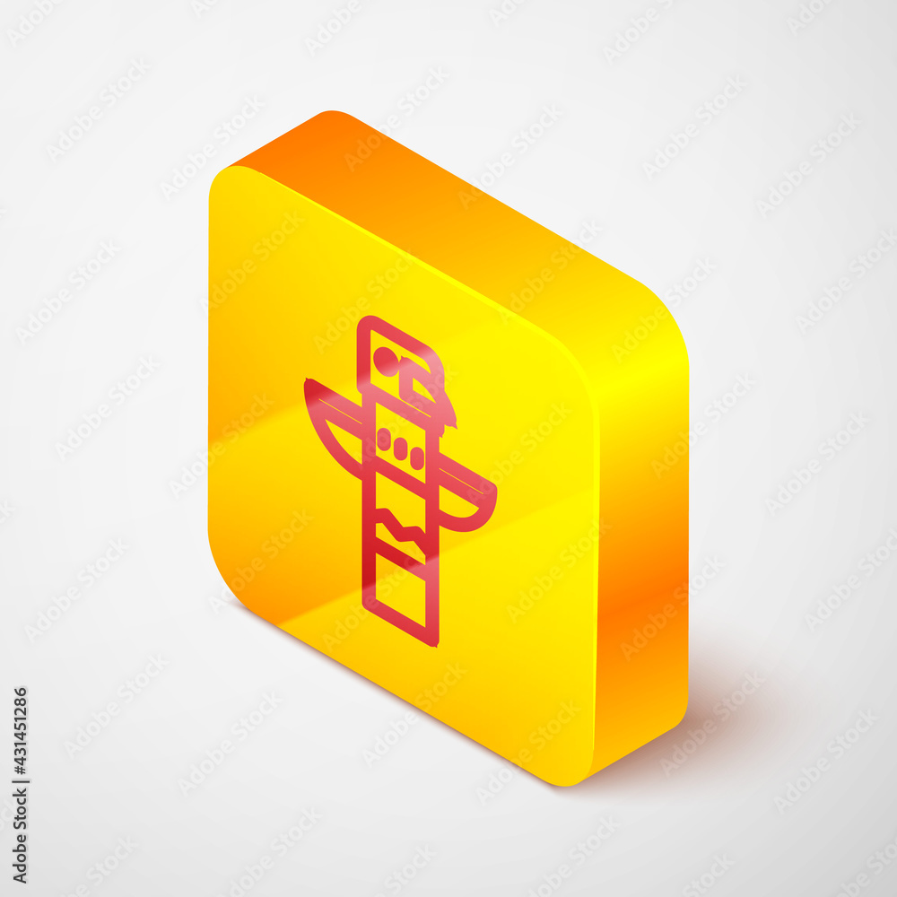 Sticker Isometric line Canadian totem pole icon isolated on grey background. Yellow square button. Vector