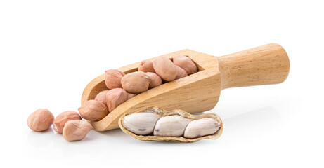 peanuts in wood scoop isolated on white background