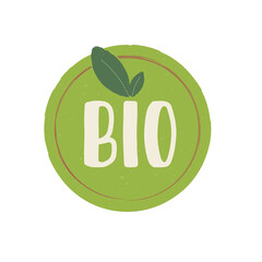 Bio green round sticker. Environmental label with green leaves isolated on a white background,