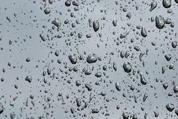 Rain water drops  on car glass with reflection of trees. Abstract background.