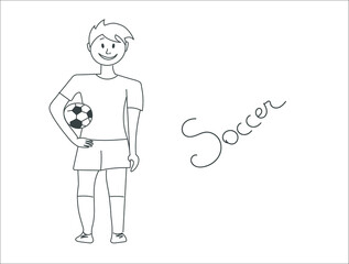 a soccer player drawn in a line with a soccer ball under his arm on an isolated background. The inscription soccer lettering