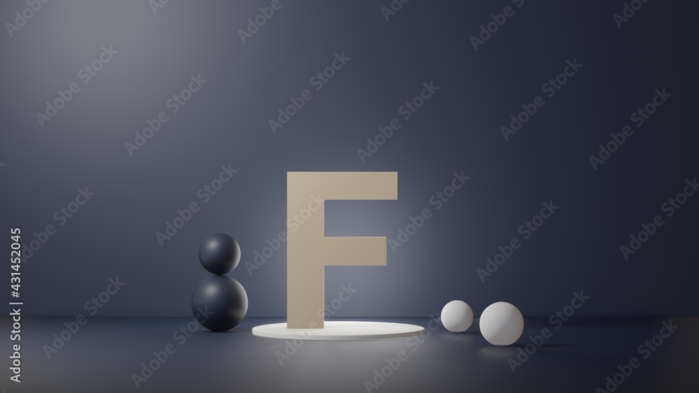 Fototapete f lettering in photo realistic rendering. 3d illustration alphabet with copy space. decoration eleme