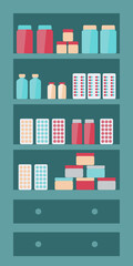 Small shelf with medicament to health care. Buy pill, drug, antibiotics in pharmacy store. Medical objects commerce.