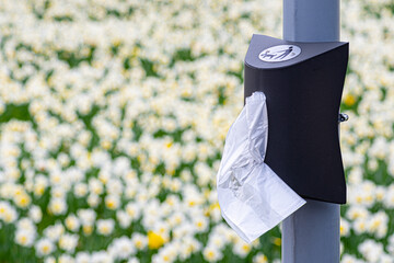 Box with plastic bags for walking dog in the park. Dog car station with nature background with grass and flowers 