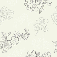 Blooming Bouquets of Spring Trees.  Vector Seamless pattern for Print. Textile, wallpaper design. Outlines. Simple colors. Vintage mood.