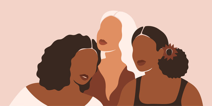 Poster of Summer women with different ethnicities and cultures stand side by side together. Females friendship and sisterhood concept. Vector illustration in the pastel brown colors