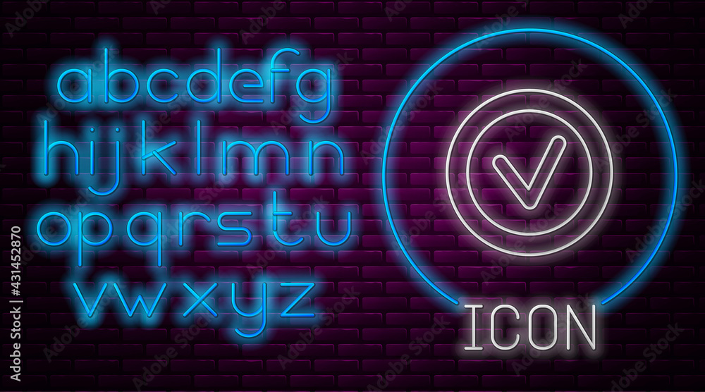 Poster glowing neon line check mark in round icon isolated on brick wall background. check list button sign