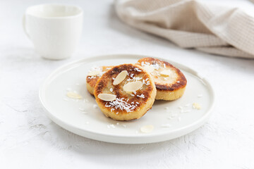 Tofu cheese pancakes on the table. Vegan food, sugar, gluten and lactose free.